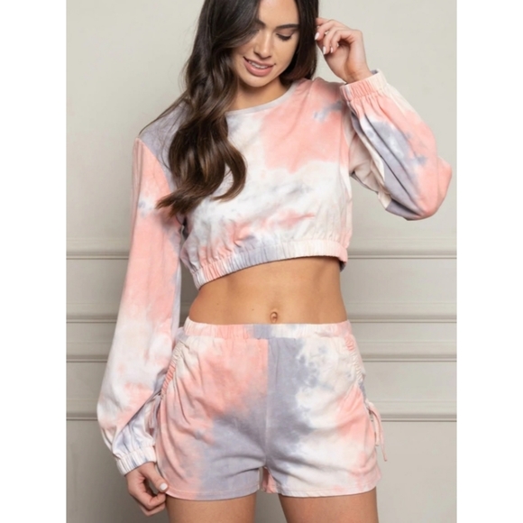 2 piece pink & purple tie dye crop top & ruched short lounge wear jogger set - Picture 2 of 5